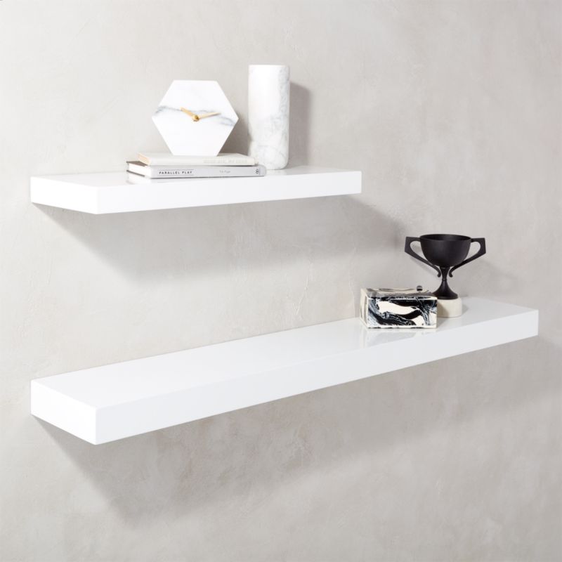 white floating shelves bathroom