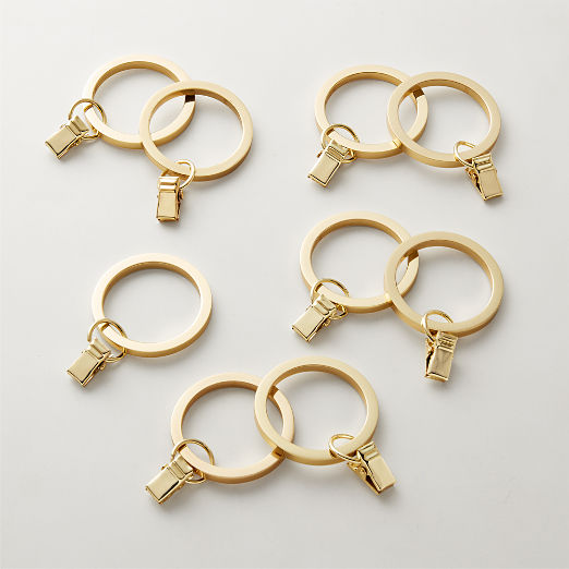 Polished Brass Curtain Rings with Clips Set of 9