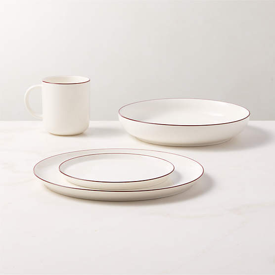 Contact 4-Piece Red Rim Ceramic Dinnerware Set with Pasta Bowl