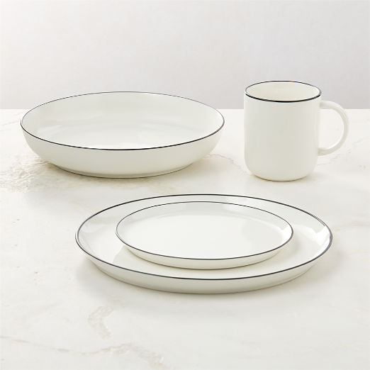 Contact 4-Piece White Ceramic Black Rim Dinnerware Set with Pasta Bowl