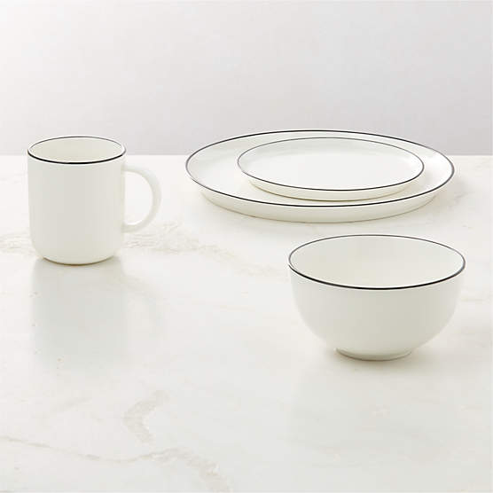 Contact 4-Piece White Ceramic Black Rim Dinnerware Set with Soup Bowl