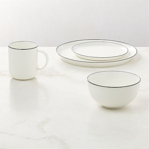 Contact 4-Piece White Ceramic Black Rim Dinnerware Set with Soup Bowl