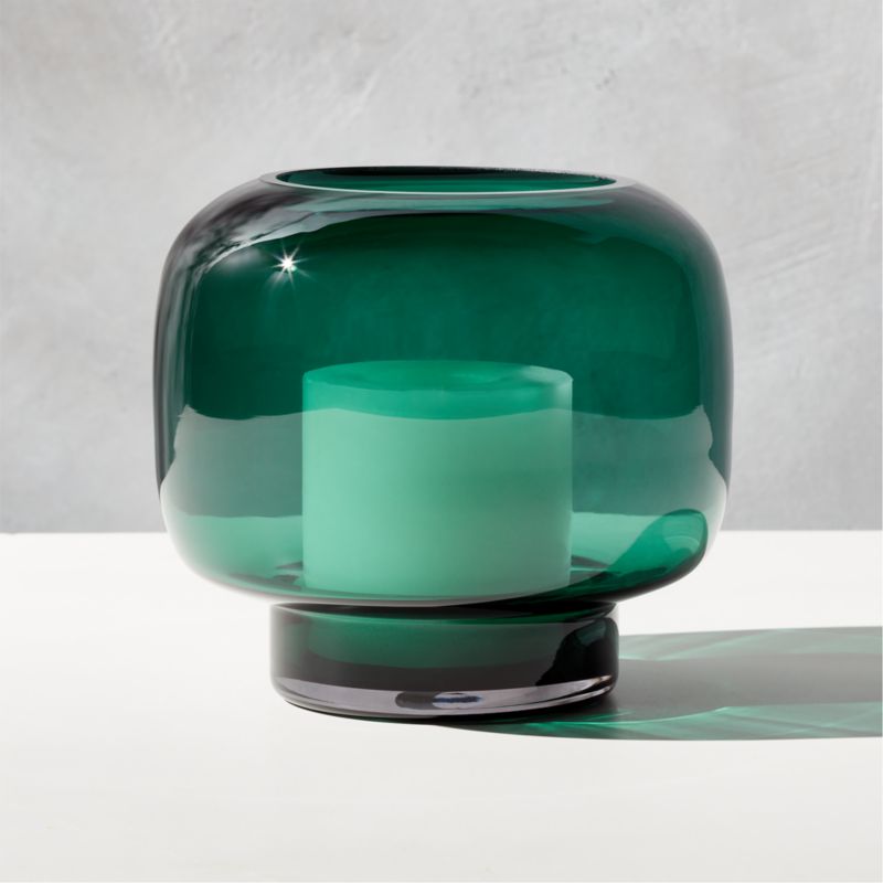 View Coco Round Forest Green Glass Hurricane Candle Holder Small details