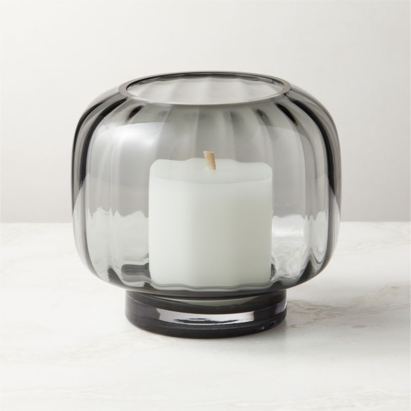 Coco Modern Ribbed Glass Dark Grey Hurricane Candle Holder Small | CB2