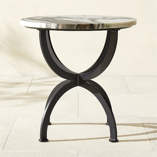 Colima Round Black Metal Outdoor Side Table with Marble Top