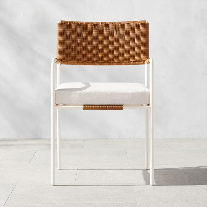 Colombe Modern White Metal And Rattan Outdoor Dining Armchair With White Sunbrella Cushion Cb2 9168