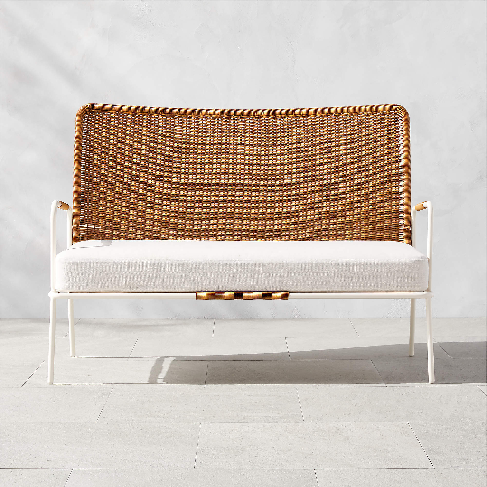 Colombe Modern White Metal and Rattan Outdoor Loveseat with White