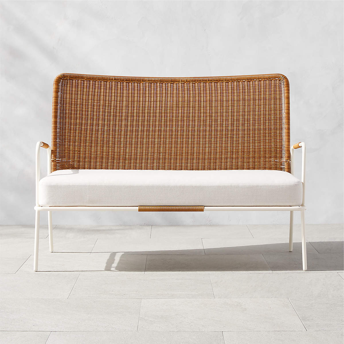 Colombe Modern White Metal and Rattan Outdoor Loveseat with White ...