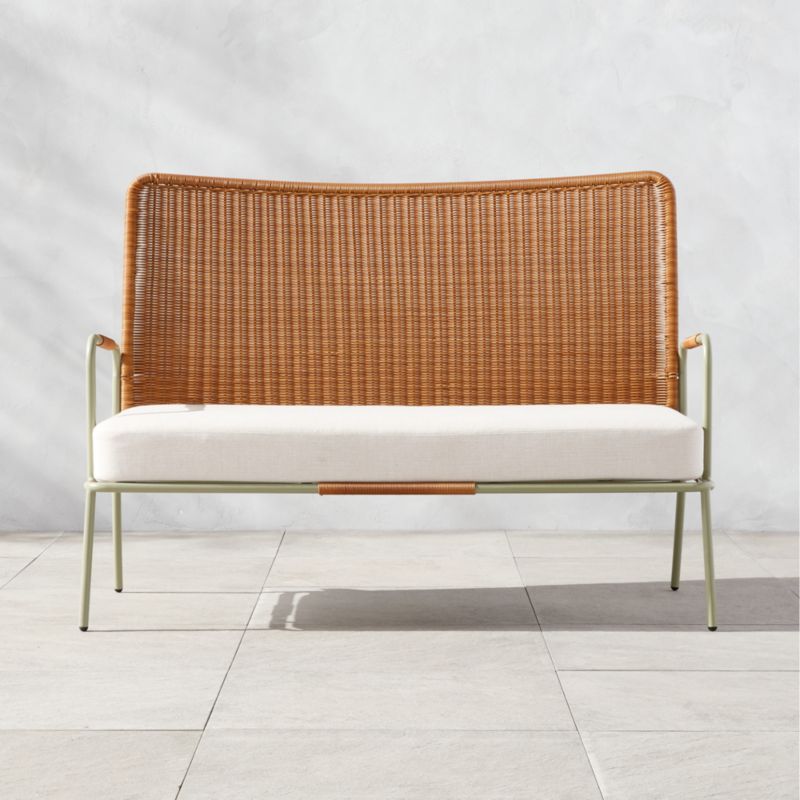 Colombe Modern Green Metal and Rattan Outdoor Loveseat with White ...