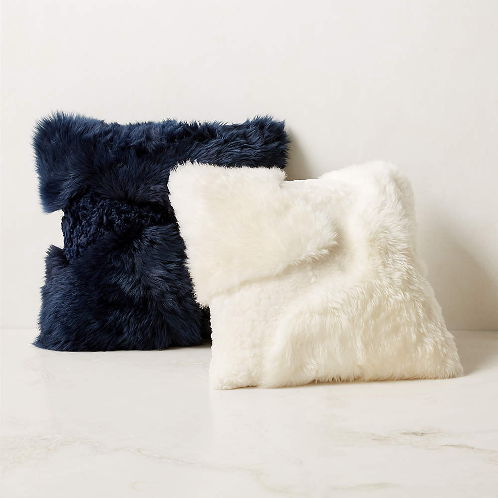 Connect White Sheepskin Fur Throw Pillow with Feather-Down Insert 20