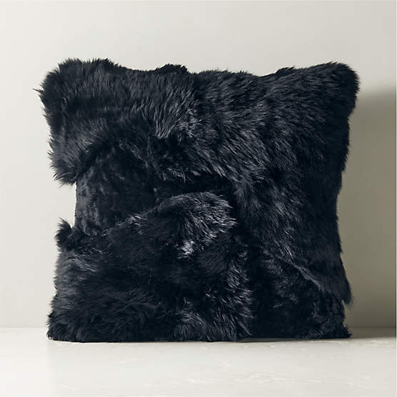 Connect Black Sheepskin Fur Throw Pillow with Down-Alternative Insert 20"x20"