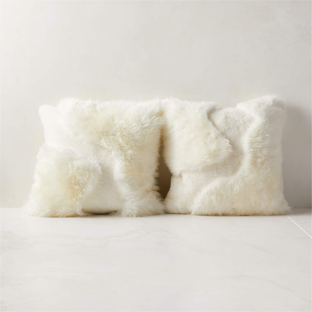 Connect White Sheepskin Fur Throw Pillow with Feather-Down Insert 20