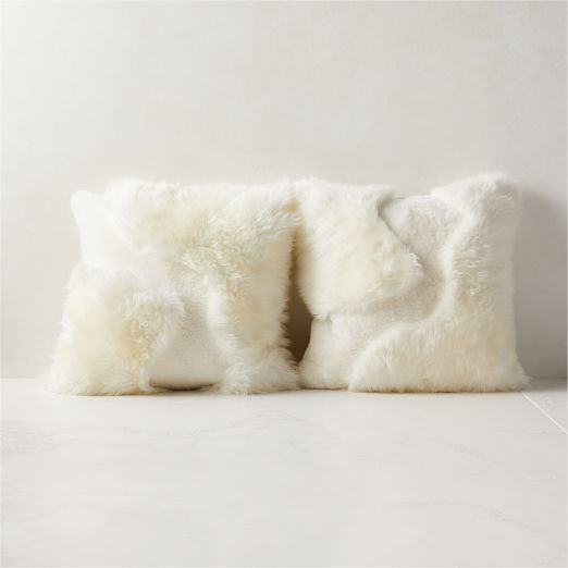 Connect White Sheepskin Fur Throw Pillow with Feather-Down Insert 20"