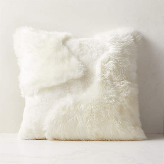 Connect White Sheepskin Fur Throw Pillow with Down-Alternative Insert 20"