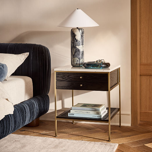 Connoisseur 20" Black Oak Wood 2-Drawer Nightstand with Marble Top by Paul McCobb