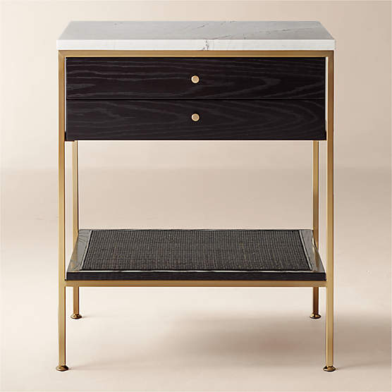 Connoisseur 20" Black Oak Wood 2-Drawer Nightstand with Marble Top by Paul McCobb