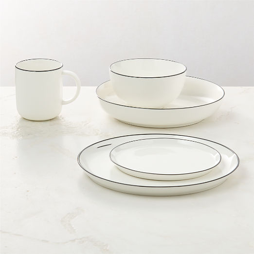 Contact 4-Piece White Ceramic Black Rim Dinnerware Set