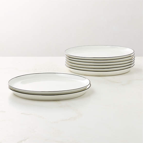 Contact White Ceramic Dinner Plates Black Rim Set of 8