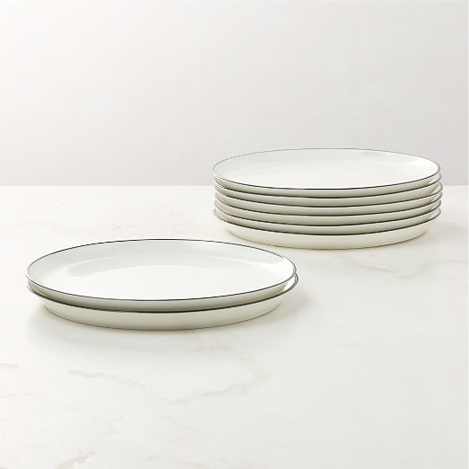 Contact White Ceramic Dinner Plates Black Rim Set of 8