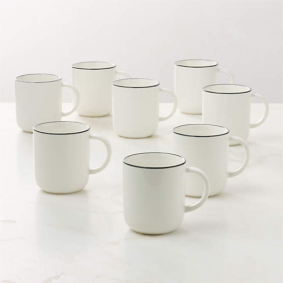 Contact White Ceramic Mugs Black Rim Set of 8