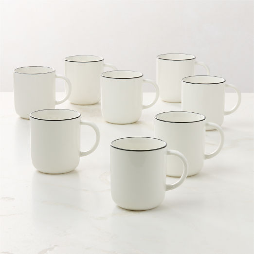 Contact White Ceramic Mugs Black Rim Set of 8