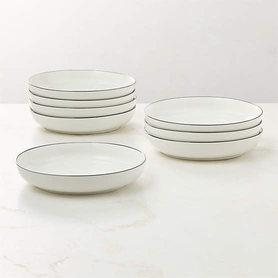Contact White Ceramic Pasta Bowls Black Rim Set of 8