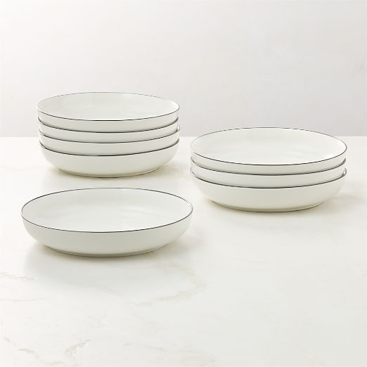 Contact White Ceramic Pasta Bowls Black Rim Set of 8