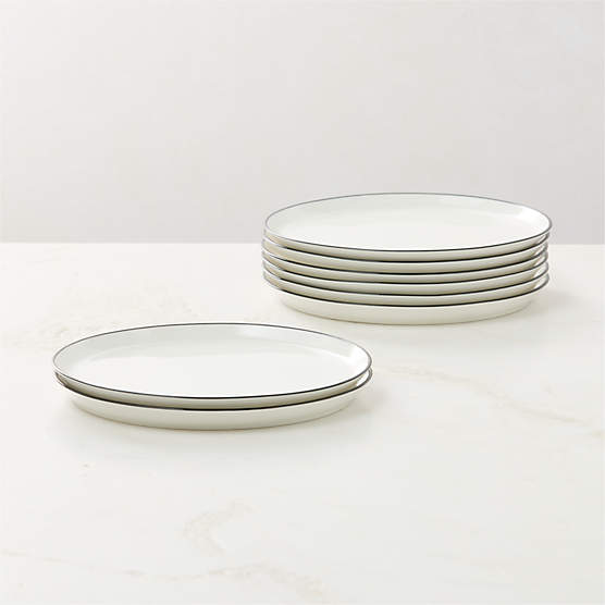 Contact White Ceramic Salad Plates Black Rim Set of 8