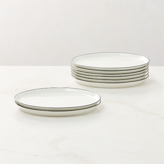 Contact White Ceramic Salad Plates Black Rim Set of 8