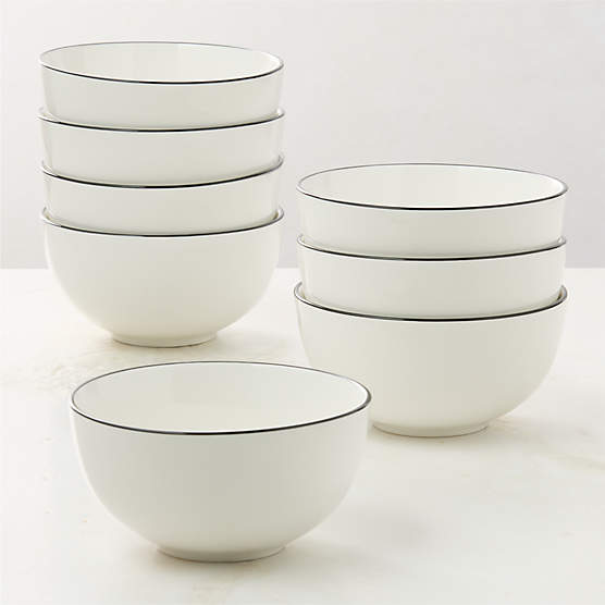 Contact White Ceramic Soup Bowls Black Rim Set of 8