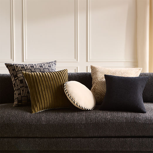 Melrose Black with Sand Woven Jacquard Wool and Silk Throw Pillow with Feather-Down Insert 23"x23"