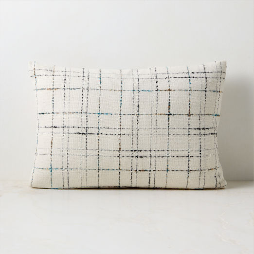 Corsa Off-White and Blue Plaid Italian Wool Lumbar Pillow with Down Alternative Insert 22"x15"