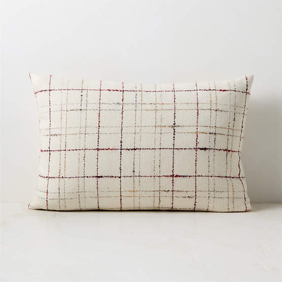 Corsa Off-White and Red Plaid Italian Wool Throw Pillow with Down Alternative Insert 22"x15"