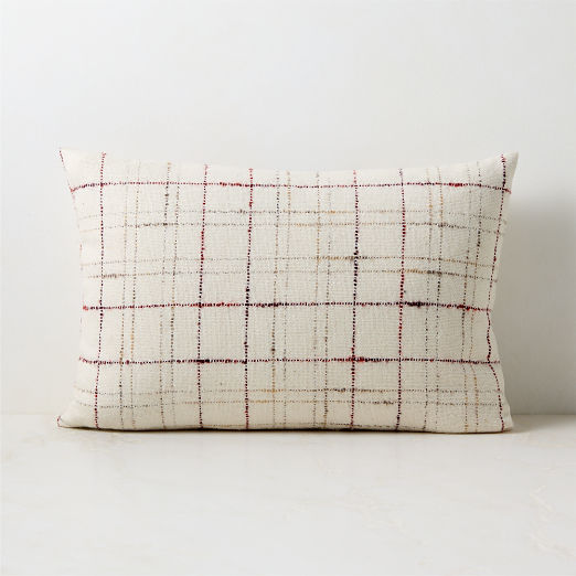 Corsa Off-White and Red Plaid Italian Wool Lumbar Pillow with Down Alternative Insert 22"x15"