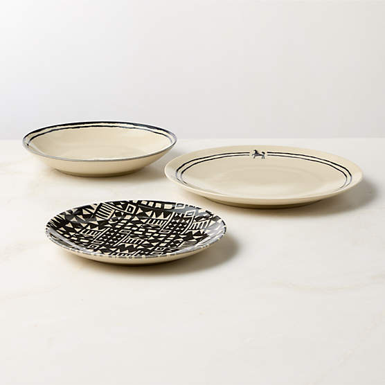 Corvo 3-Piece White and Black Patterned Dinnerware Set with Pasta Bowl by Ackerman