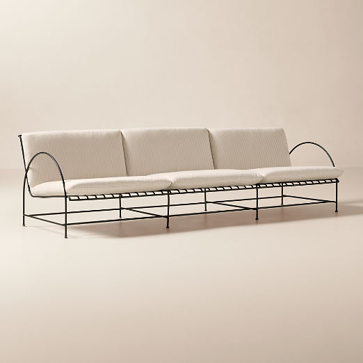 Costa 97" 3-Seat Black Metal Outdoor Sofa with Natural And White Striped Sunbrella® Cushions