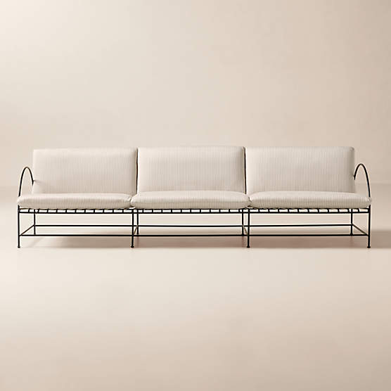 Costa 97" 3-Seat Black Metal Outdoor Sofa with Natural And White Striped Sunbrella® Cushions
