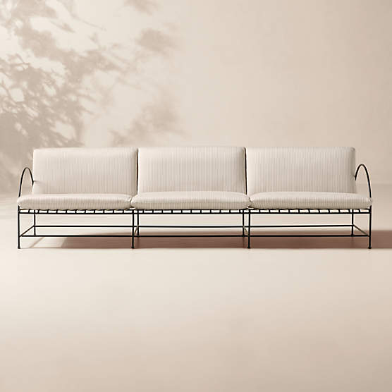 Costa 97" 3-Seat Black Metal Outdoor Sofa with Natural And White Striped Sunbrella® Cushions