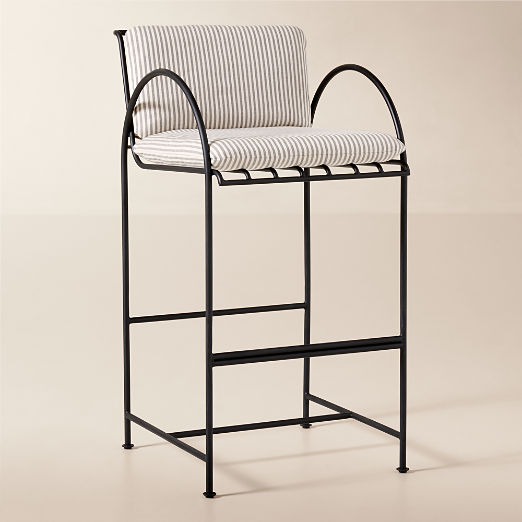 Costa Black Metal Outdoor Bar Stool with Black and White Striped Sunbrella® Cushion