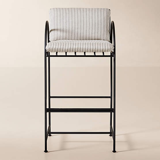 Costa Black Metal Outdoor Bar Stool with Black and White Striped Sunbrella® Cushion
