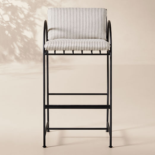 Costa Black Metal Outdoor Bar Stool with Black and White Striped Sunbrella® Cushion