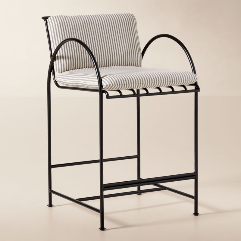 Costa Black Metal Outdoor Counter Stool with Black and White Striped Sunbrella® Cushion - image 2 of 7