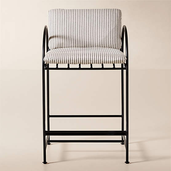 Costa Black Metal Outdoor Counter Stool with Black and White Striped Sunbrella® Cushion