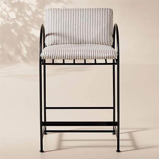 Costa Black Metal Outdoor Counter Stool with Black and White Striped Sunbrella® Cushion