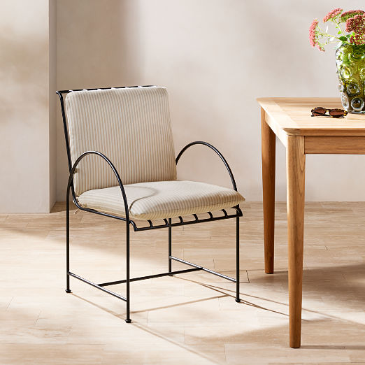 Costa Black Metal Outdoor Dining Armchair with Natural And White Striped Sunbrella® Cushion