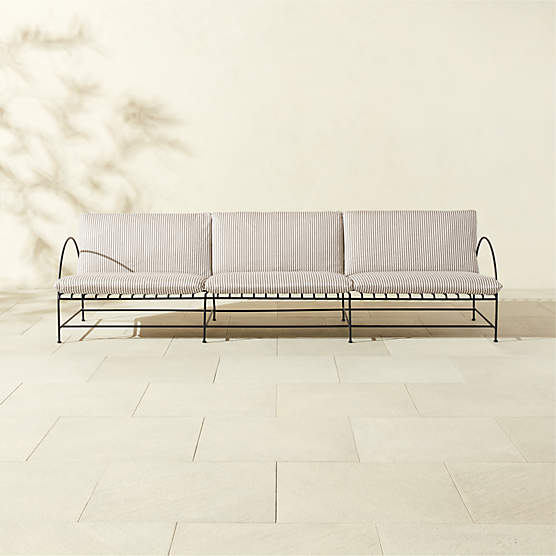 Costa 97" 3-Seat Black Metal Outdoor Sofa with Black and White Striped Sunbrella® Cushions