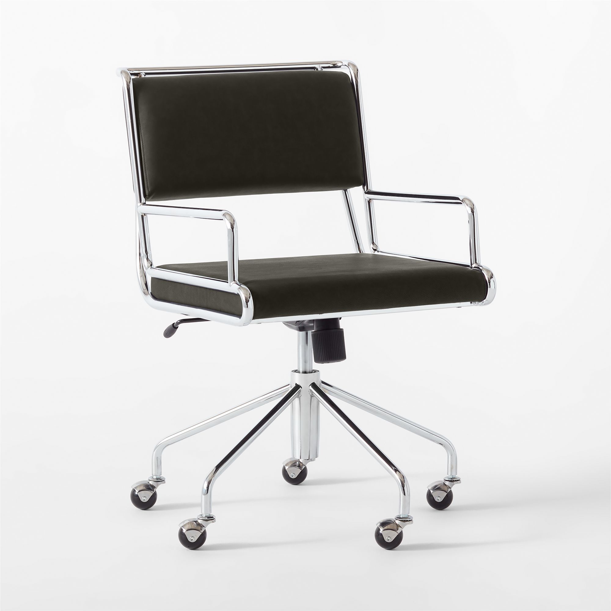 Black vegan leather office chair with chrome base.