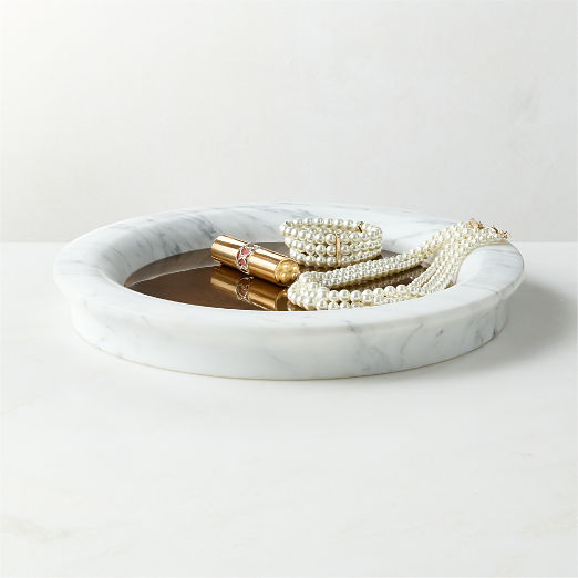 Cove Round White Marble and Bronze Tray