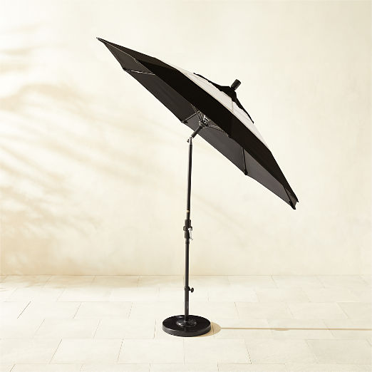 Market Round Black & Natural White Stripe Outdoor Umbrella with Black Base