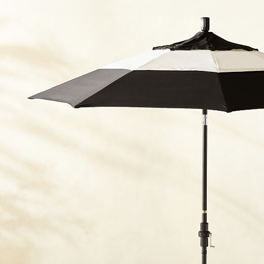 Market Round Black & Natural White Stripe Outdoor Umbrella with Black Pole